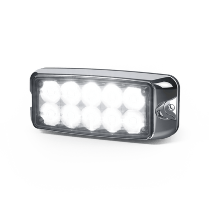 Luz de Advertencia de 10 LED, Ambar/Blanco, 5x2 Pulgadas, Lente Transparente, Bisel Cromado