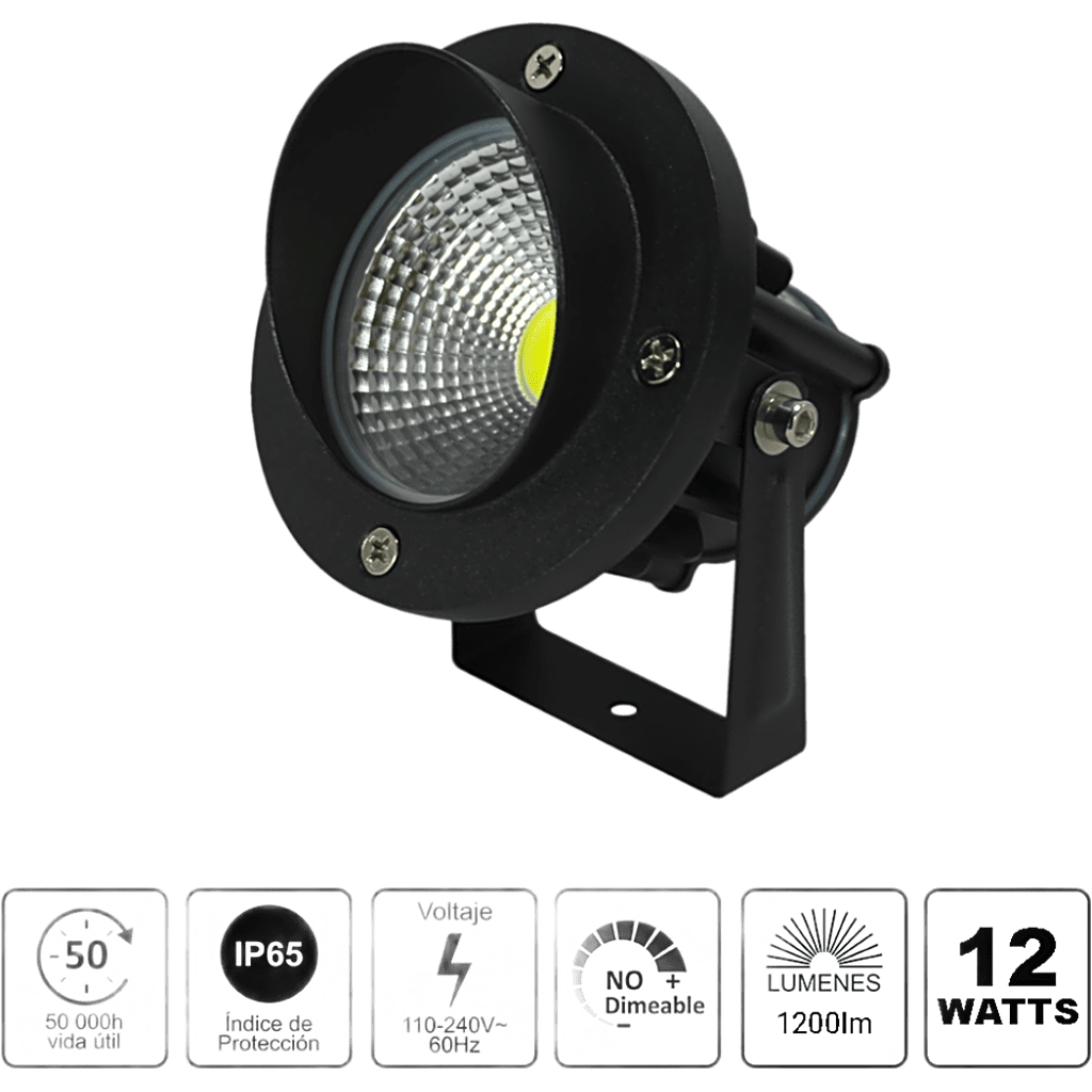 Luminario LED Tipo Estaca / COB / 12W / 110-240V~ 60Hz / IP65 / 2700 K Luz Cálida / Ángulo de Luz 36° / Cabeza Ajustable 45° a 85° / Aleación de