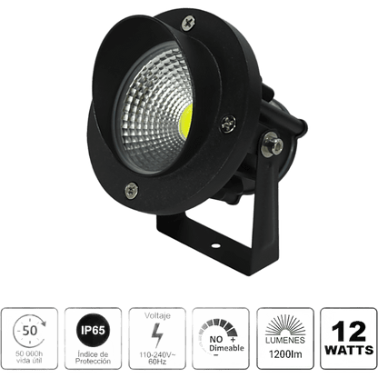 Luminario LED Tipo Estaca / COB / 12W / 110-240V~ 60Hz / IP65 / 2700 K Luz Cálida / Ángulo de Luz 36° / Cabeza Ajustable 45° a 85° / Aleación de