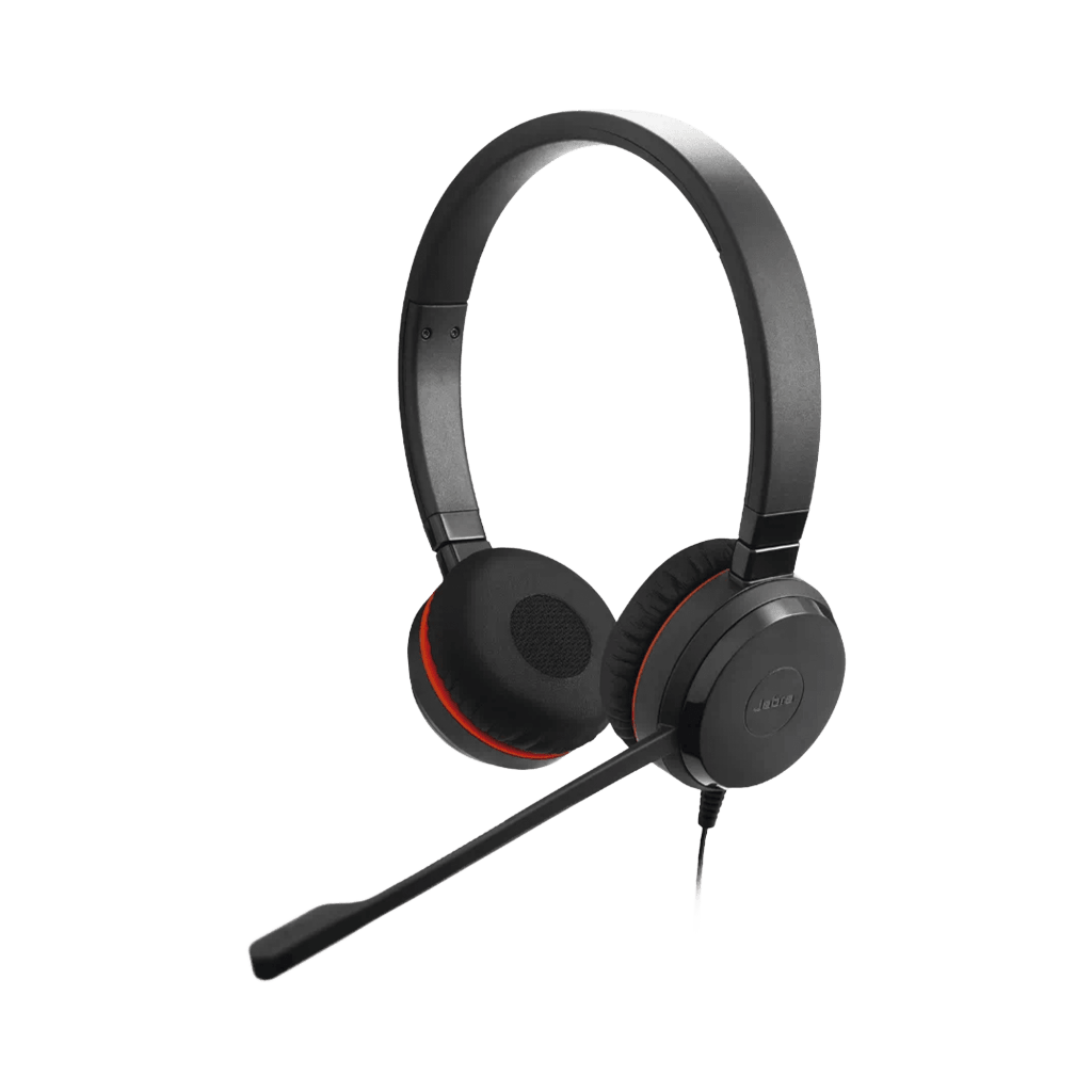 Jabra Evolve 30 II Duo con conexión USB C/A y 3.5mm, micrófono con cancelación de ruido y controlador en el cable con botones e indicadores LED