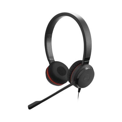 Jabra Evolve 30 II Duo con conexión USB C/A y 3.5mm, micrófono con cancelación de ruido y controlador en el cable con botones e indicadores LED