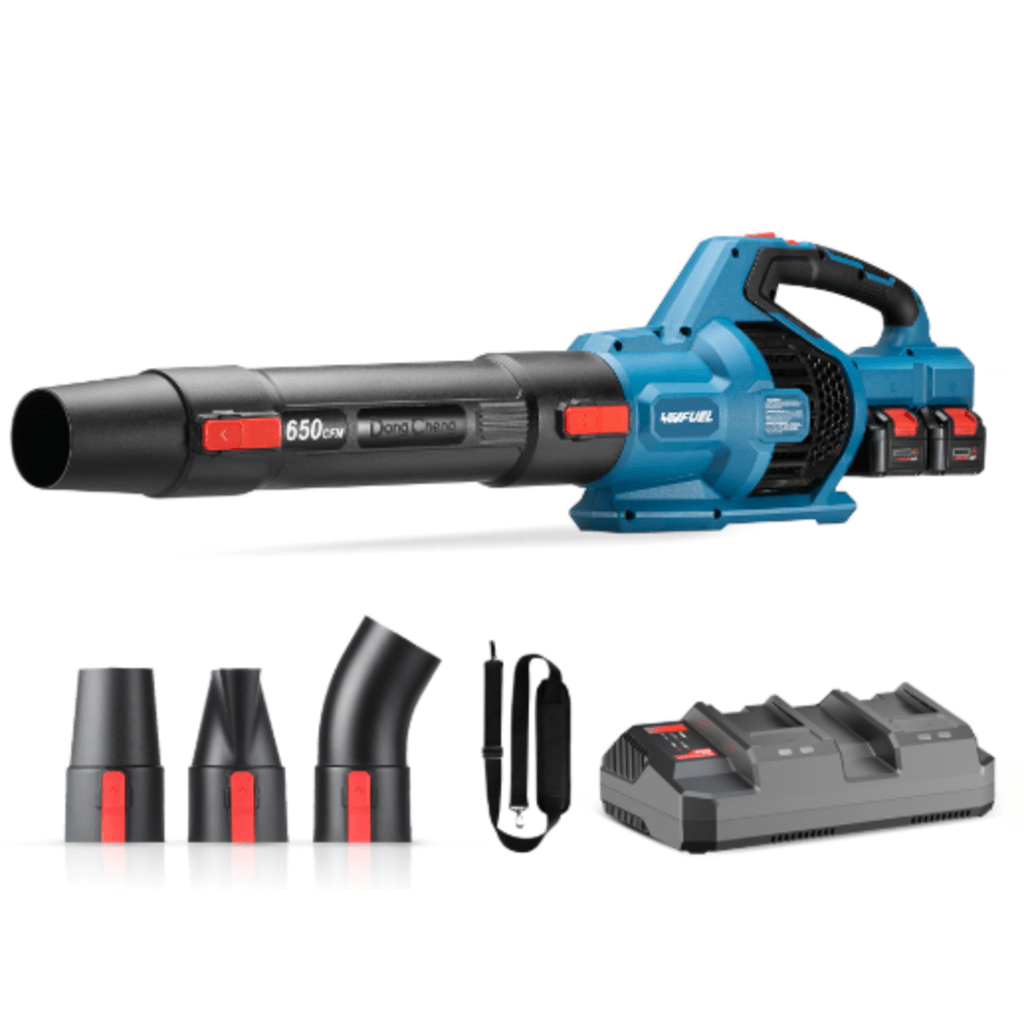 Sopladora Inalámbrica de 20V+20V, Incluye 2 baterías de 20V/6.0Ah, Cargado doble y 3 Boquillas.