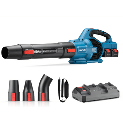 Sopladora Inalámbrica de 20V+20V, Incluye 2 baterías de 20V/6.0Ah, Cargado doble y 3 Boquillas.