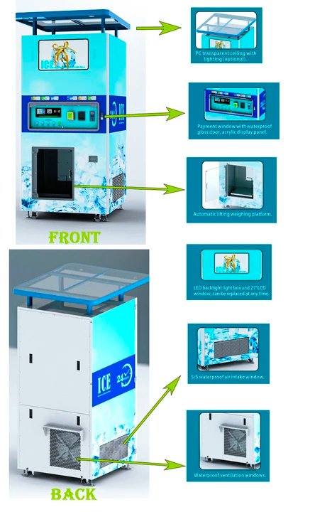 Maquina Expendedora de 180Kg/320Kg/450kg/900kg x dia de Hielo COMBO, con Filtro Osmosis Inversa,  dispensador y sellado AUTOMATICO de bolsas, aceptador de monedas, billetes, tarjeta de credito, cambiador de moneda, APP Config Remota y local, pantalla 26''