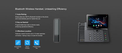 Teléfono IP / Handset Inalámbrico Bluetooth / 20 Líneas SIP / Pantalla IPS Táctil 7" HD / Conferencia 6 Vías / Puertos Gigabit / PoE 802.3af / Wi-Fi