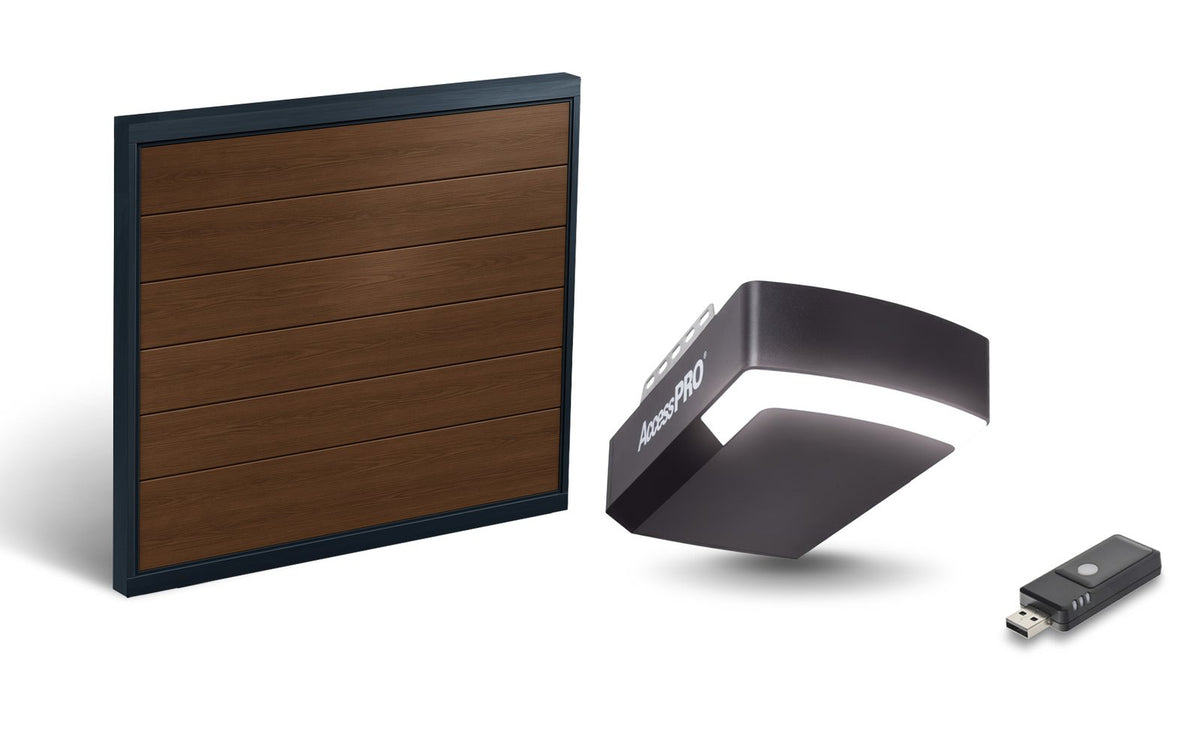 KIT COMPLETO Incluye /Puerta D/ Garage / APDOORB 12x7 Pies / Lisa Linea Central / Imitacion madera / Insulada / Interfase ACCESSWIFI / Motor FS1000M