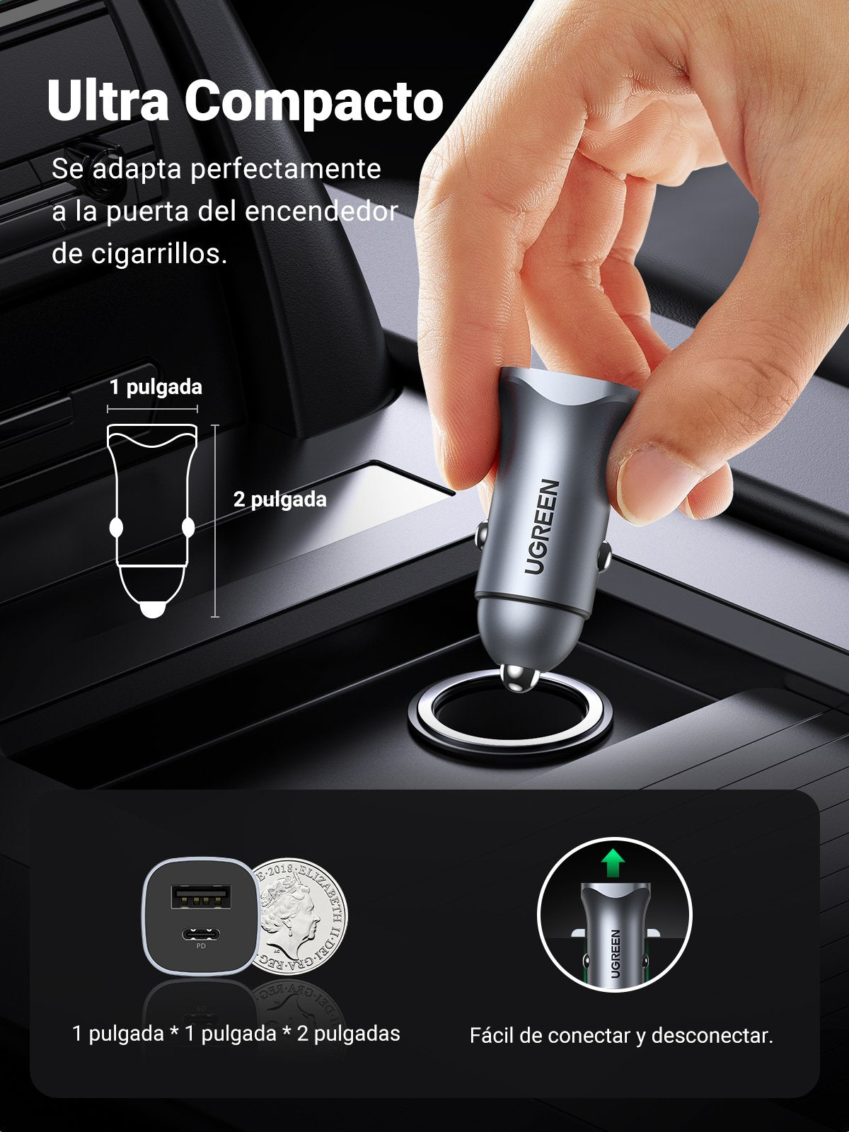 Cargador de Auto 24W | Puerto USB-A y USB-C | Carga Rápida | Compatible con Vehículos de 12 y 24 VCD | PD3.0 + QC3.0 | Indicador Led | Diseño