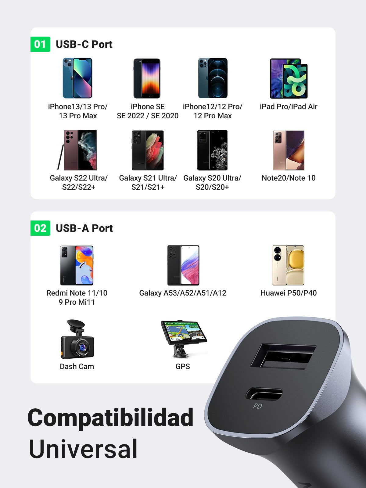 Cargador de Auto 24W | Puerto USB-A y USB-C | Carga Rápida | Compatible con Vehículos de 12 y 24 VCD | PD3.0 + QC3.0 | Indicador Led | Diseño