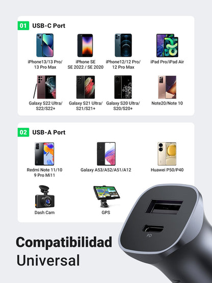 Cargador de Auto 24W | Puerto USB-A y USB-C | Carga Rápida | Compatible con Vehículos de 12 y 24 VCD | PD3.0 + QC3.0 | Indicador Led | Diseño