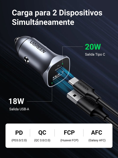 Cargador de Auto 24W | Puerto USB-A y USB-C | Carga Rápida | Compatible con Vehículos de 12 y 24 VCD | PD3.0 + QC3.0 | Indicador Led | Diseño