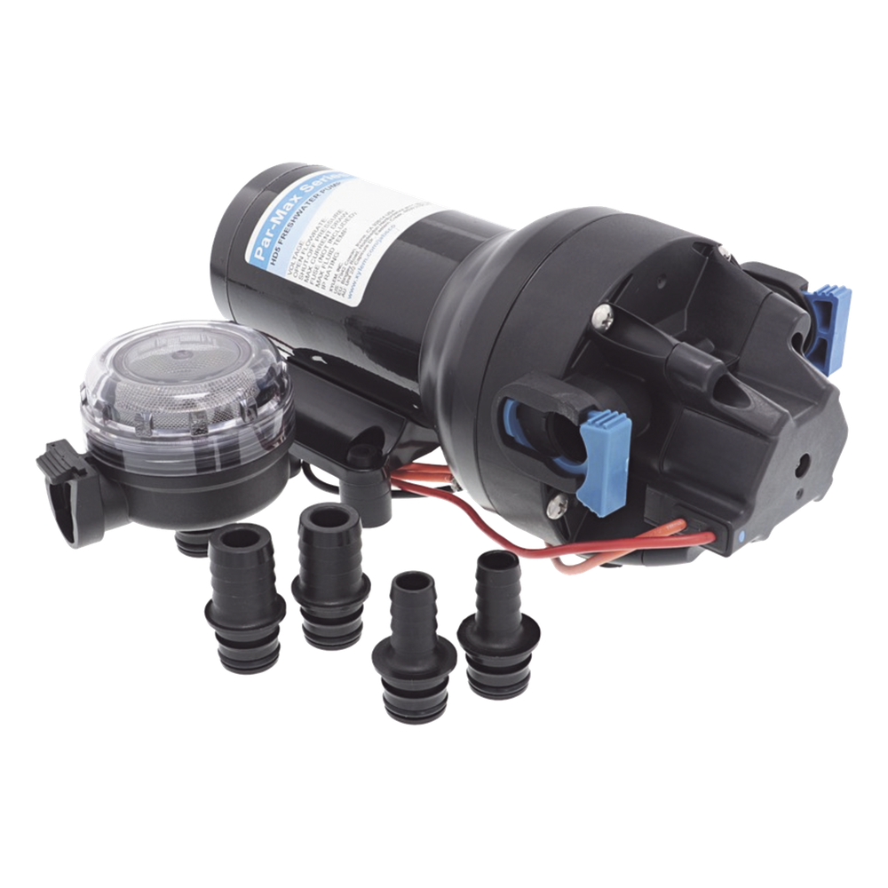 Bomba de diafragma controlada por presión para trabajo pesado ParMax de 12 Vcd, caudal de 5 GPM, presión máxima 60 psi, para manguera de diámetro