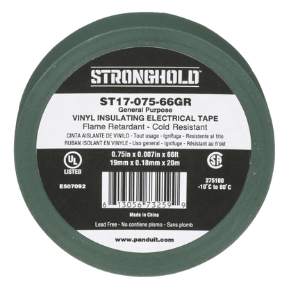 Cinta Eléctrica STRONGHOLD para Aislar, de PVC, Uso General Reparación y Mantenimiento, Grosor de 0.18mm (7 mil), Ancho de 19mm, y 20.12m de Largo