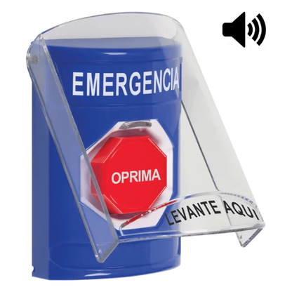 ​Botón Multipropósito, Color Azul, De Superficie, Con Tapa De Policarbonato, Con Bocina Pre Alarma, Solo Interior, Llave Para Restablecer, Texto De