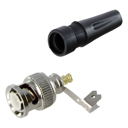 Conector BNC macho en 75 Ohm, para cable coaxial RG-59 / Con base de alivio negra de PVC, Níquel/ Oro/ PTFE