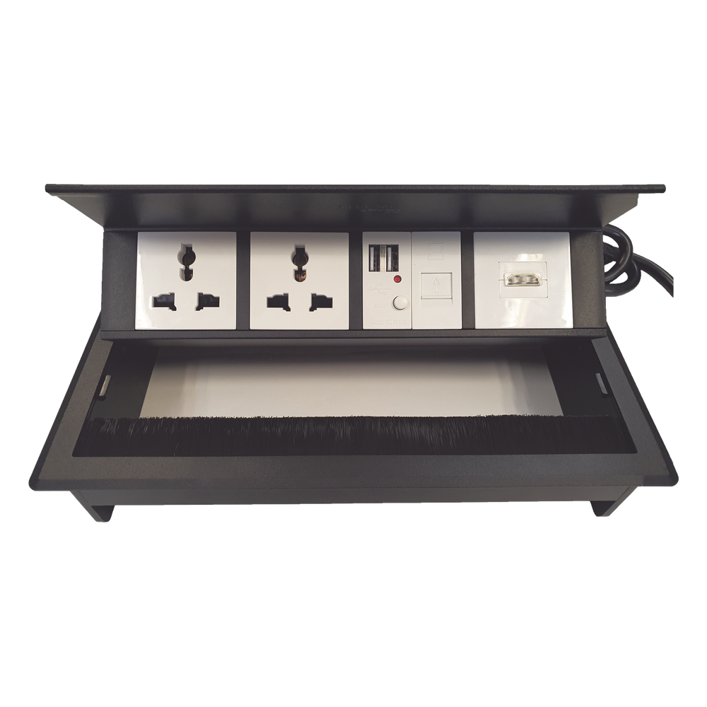 Caja Horizontal Tipo Hub para Escritorio Color Negro, con 1 Puerto HDMI Hembra-Hembra, 1 Puerto RJ45 Cat6, 2 Puertos USB (Solo Carga), y 2 Contactos