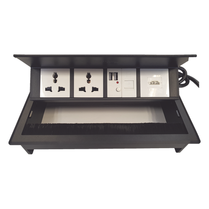 Caja Horizontal Tipo Hub para Escritorio Color Negro, con 1 Puerto HDMI Hembra-Hembra, 1 Puerto RJ45 Cat6, 2 Puertos USB (Solo Carga), y 2 Contactos