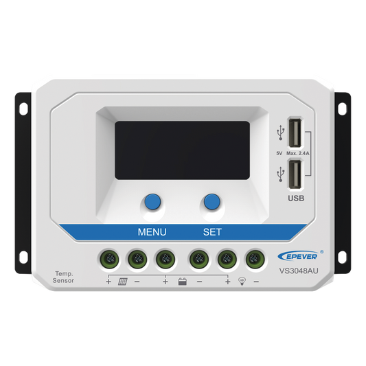 Controlador Solar PWM / 30A / 12/24V/36/48V / Doble USB / Pantalla LCD / Tierra Positivo Común