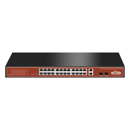 Switch PoE (802.3af/at/bt) / No administrable de largo alcance / Hasta 250m / Con 24 x 10/100Mbps + 2 x SFP Gigabit Combo / 250 W