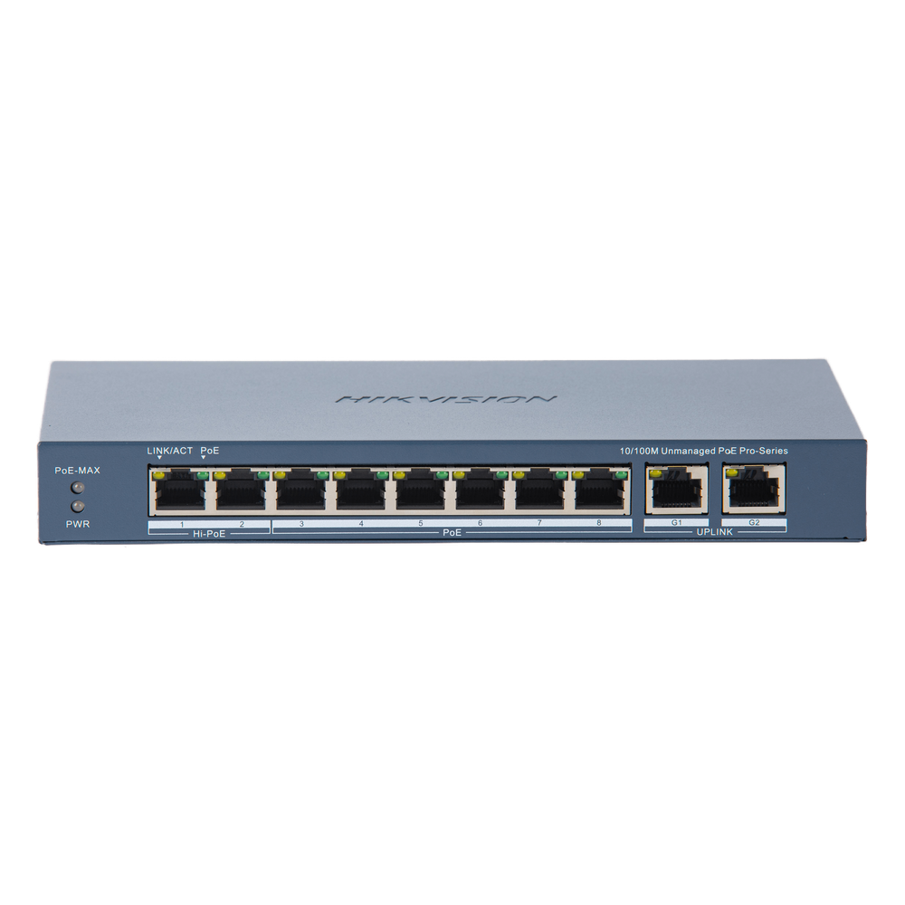 Switch PoE+ / No Administrable / 7 Puertos 10/100 Mbps 802.3 af/at (30 W) / 1 Puerto 10/100 Mbps Hi-PoE (90 W) / 2 Puertos 1000 Mbps Uplink / Modo