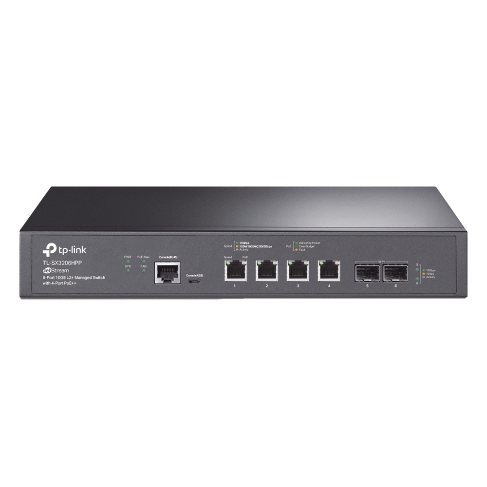 Switch L2+ PoE++ Omada 6 Puertos 10G / 4 Puertos 802.3 af/at/bt Multi-Gigabit 1G, 2.5G, 5G, 10G / 2 Puertos SFP+ 10G / Multicast IGMP / Adminstración