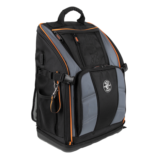 Mochila Profesional para Herramientas / 27 Bolsillos / Acceso Rápido y Estación de Trabajo / Base Moldeada Ancha / Interior Naranja / USB-C / Soporte