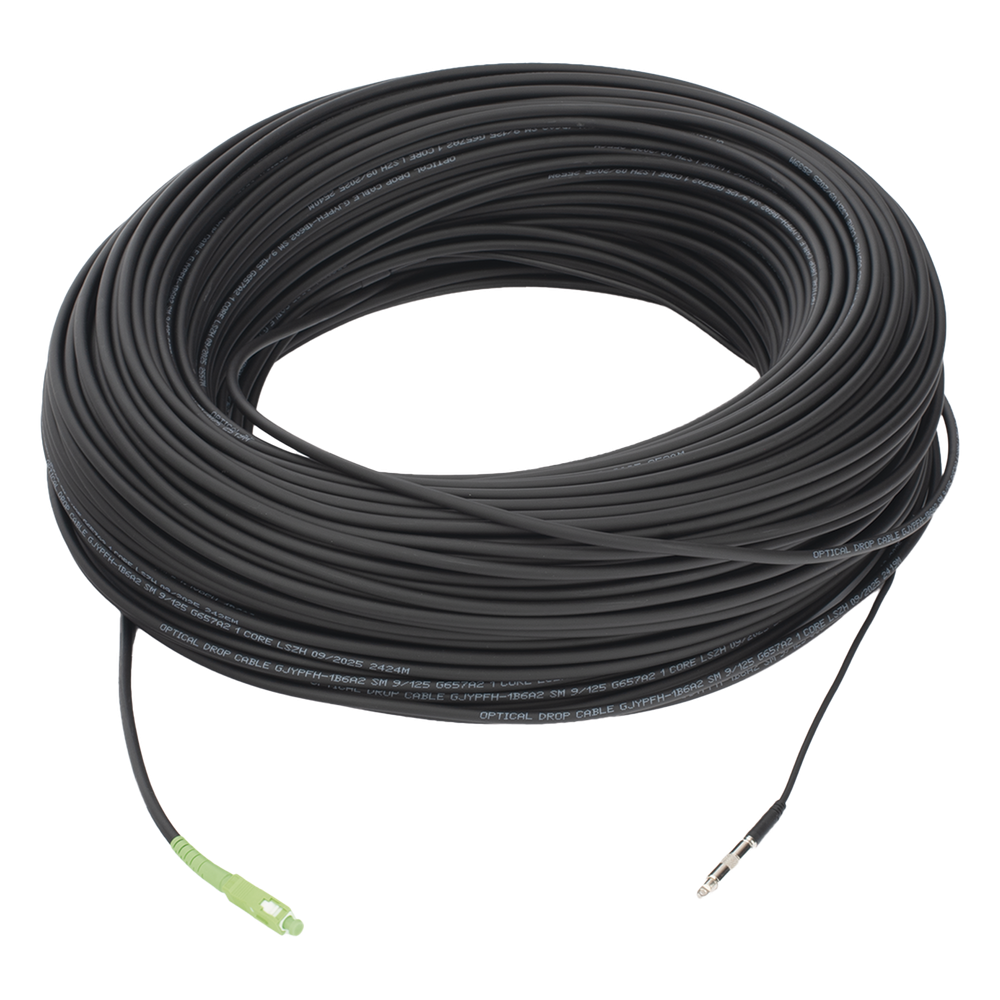 Rollo de Fibra Óptica Drop Redonda G657A2 Monomodo Simplex de 200 Metros con Conectores SC/APC-SC/APC para Instalaciones Aéreas, Subterráneas o a la