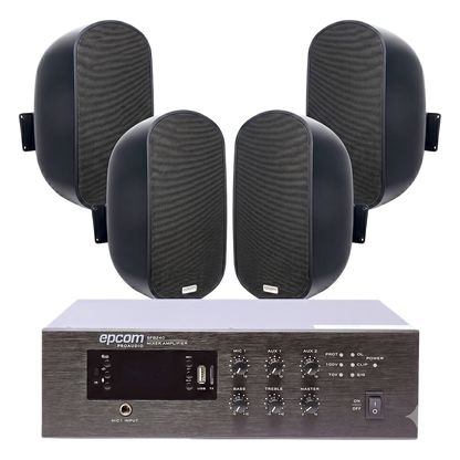 KIT de Amplificador de 240W para Escritorio | 4 Altavoces de Pared color Negro 3W - 50W | Sistema 70/100V