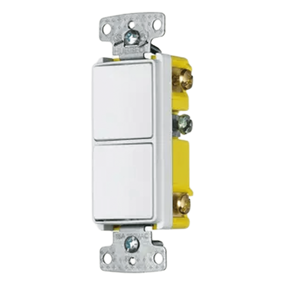 Interruptor Residencial 15 A 120-277 V, con 2 Bases Unipolares, Cableado lateral, Color Blanco.