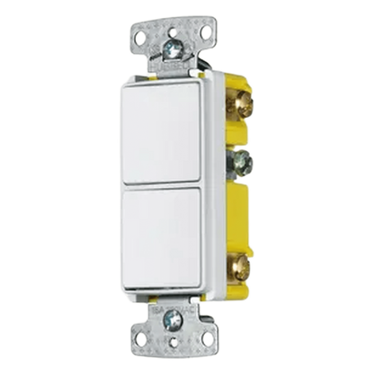 Interruptor Residencial 15 A 120-277 V, con 2 Bases Unipolares, Cableado lateral, Color Blanco.