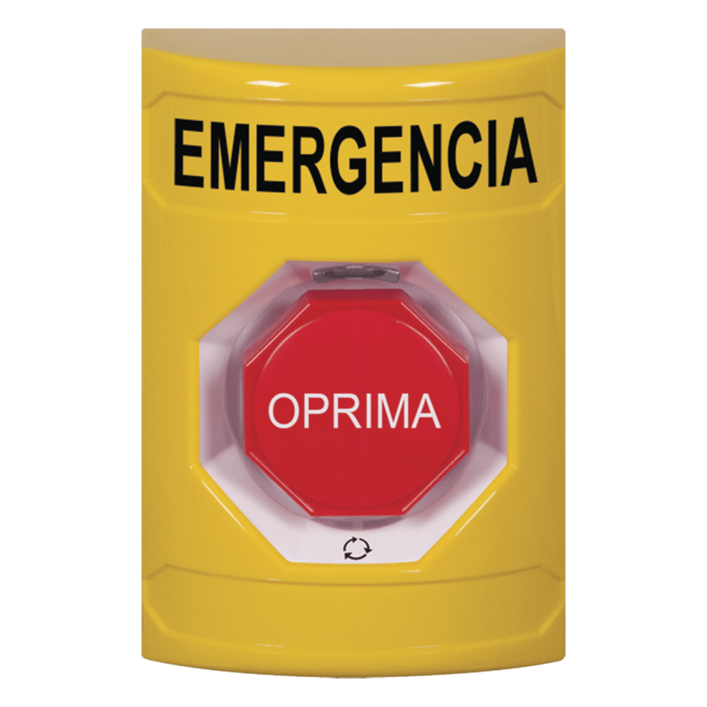 Botón de Emergencia en Español, Color Amarillo, Acción Mantenida, Girar para Restablecer y LED Multicolor