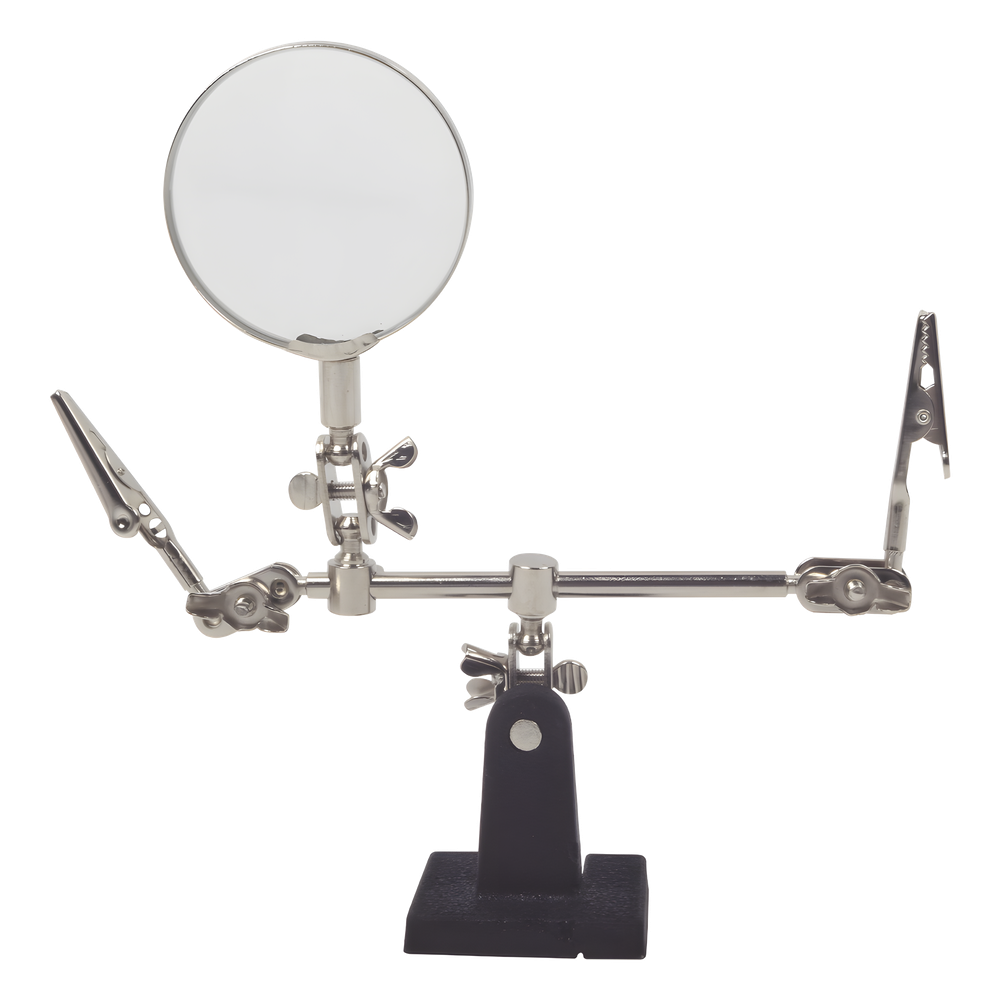Soporte con lupa y dos brazos con clip. Ideal para trabajos de soldadura.