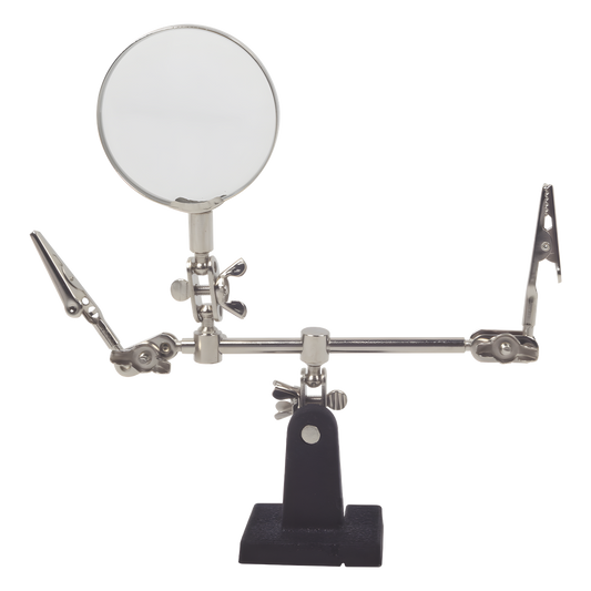 Soporte con lupa y dos brazos con clip. Ideal para trabajos de soldadura.