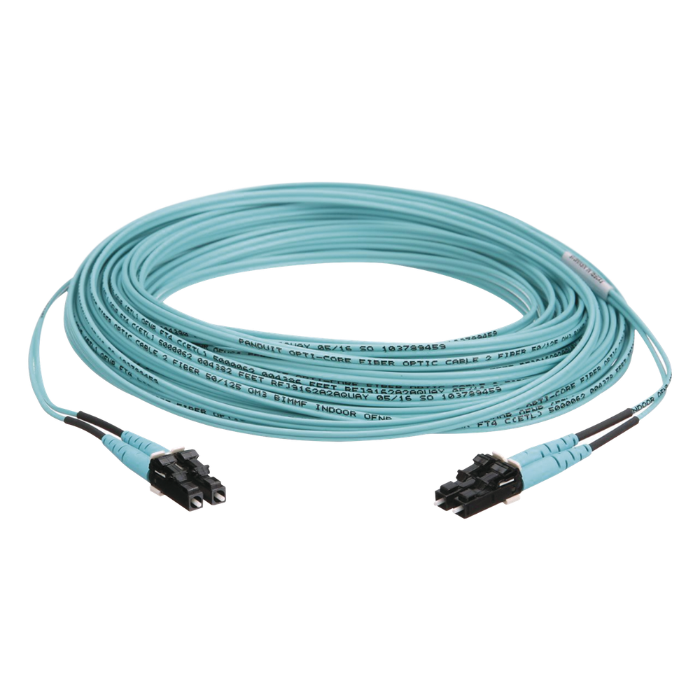 Jumper de Fibra Optica Multimodo 50/125 OM3, LC-LC Duplex, OFNR (Riser), Color Aqua, 15 Metros (49.21 Pies)