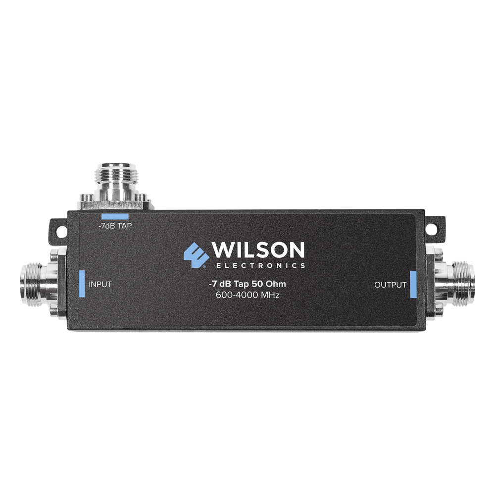 Separador TAP -7 dB con rango de frecuencia de 575 a 6000 MHz. Ideal para separar la antenas a diferentes longitudes de cable coaxial. 50 Ohm con