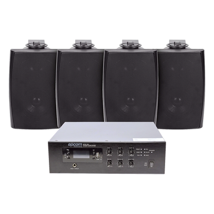 KIT de Amplificador de 240W para Escritorio | 4 Altavoces de Pared color Negro 2.5W - 20W | Sistema 70/100V