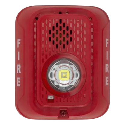 Sirena con estrobo LED de 2 hilos para pared, 24 Vcd, candela seleccionable hasta 185 cd, puntos de prueba DVM, color rojo