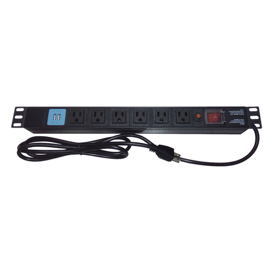 Tomacorriente Horizontal (PDU) de 6 contactos (NEMA 5-15R) + 2 USB para instalación en Rack de 19", 1UR, 125 Vca/ 15 A (THE0040091001001)