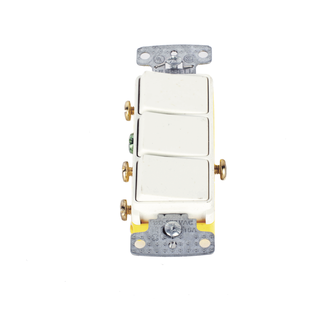 Interruptor Residencial 15 A 120 V, con 3 Bases Unipolares, Cableado lateral, Color Blanco.