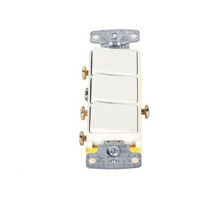 Interruptor Residencial 15 A 120 V, con 3 Bases Unipolares, Cableado lateral, Color Blanco.