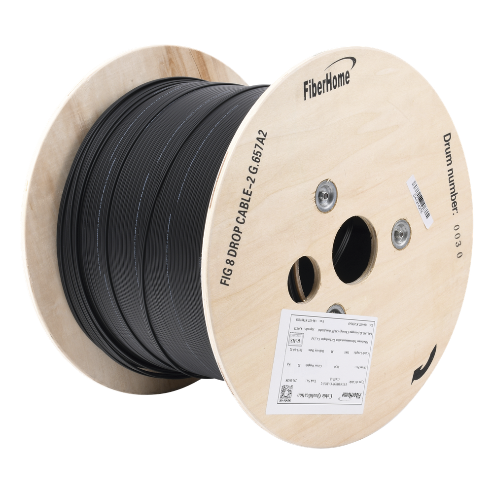 Carrete de 1 km de Fibra Óptica Aérea Mini Figura 8 G.657A2 Tipo Drop, Monomodo de 2 Hilos (Bifibra), Diseñada para Fusionarse, Color Negro, Span 80