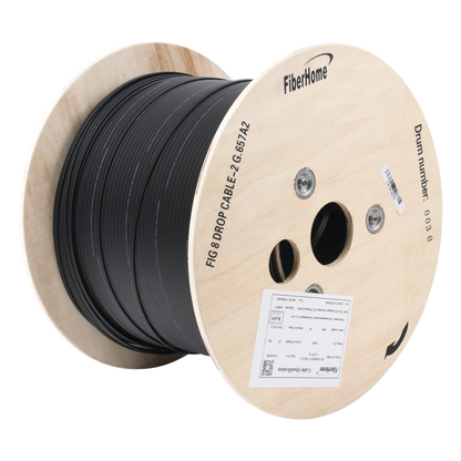 Carrete de 1 km de Fibra Óptica Aérea Mini Figura 8 G.657A2 Tipo Drop, Monomodo de 2 Hilos (Bifibra), Diseñada para Fusionarse, Color Negro, Span 80