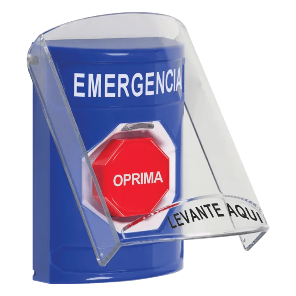 ​Botón Multipropósito, Color Azul, De Superficie, Con Tapa De Policarbonato, Sin Bocina Pre Alarma, Solo Interior, Llave Para Restablecer, Texto De