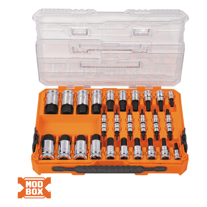 Juego de Dados Moleteados / SAE-Métrico-Hex-Torx® / 32 Piezas / Acabado Moleteado para Mejor Agarre / Marcado en Relieve / Incluye Llaves Cuadradas