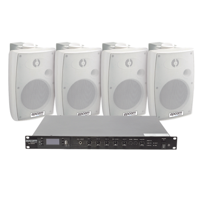 KIT de Amplificador de Audio 120W para Rack | 4 Altavoces de Pared color Blanco 2.5W - 20W | Sistema 70/100V