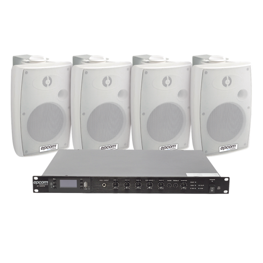 KIT de Amplificador de Audio 120W para Rack | 4 Altavoces de Pared color Blanco 2.5W - 20W | Sistema 70/100V