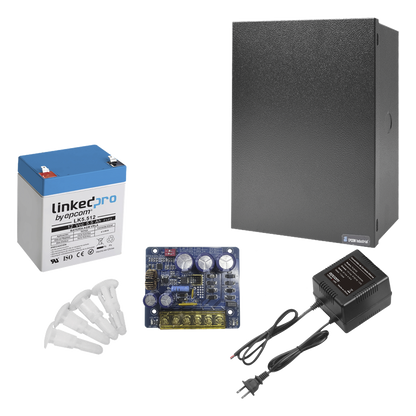Kit con fuente PLB3 con salida de 12 Vcc a 4 Amper, incluye transformador y batería de 12 V a 5.5 Amper