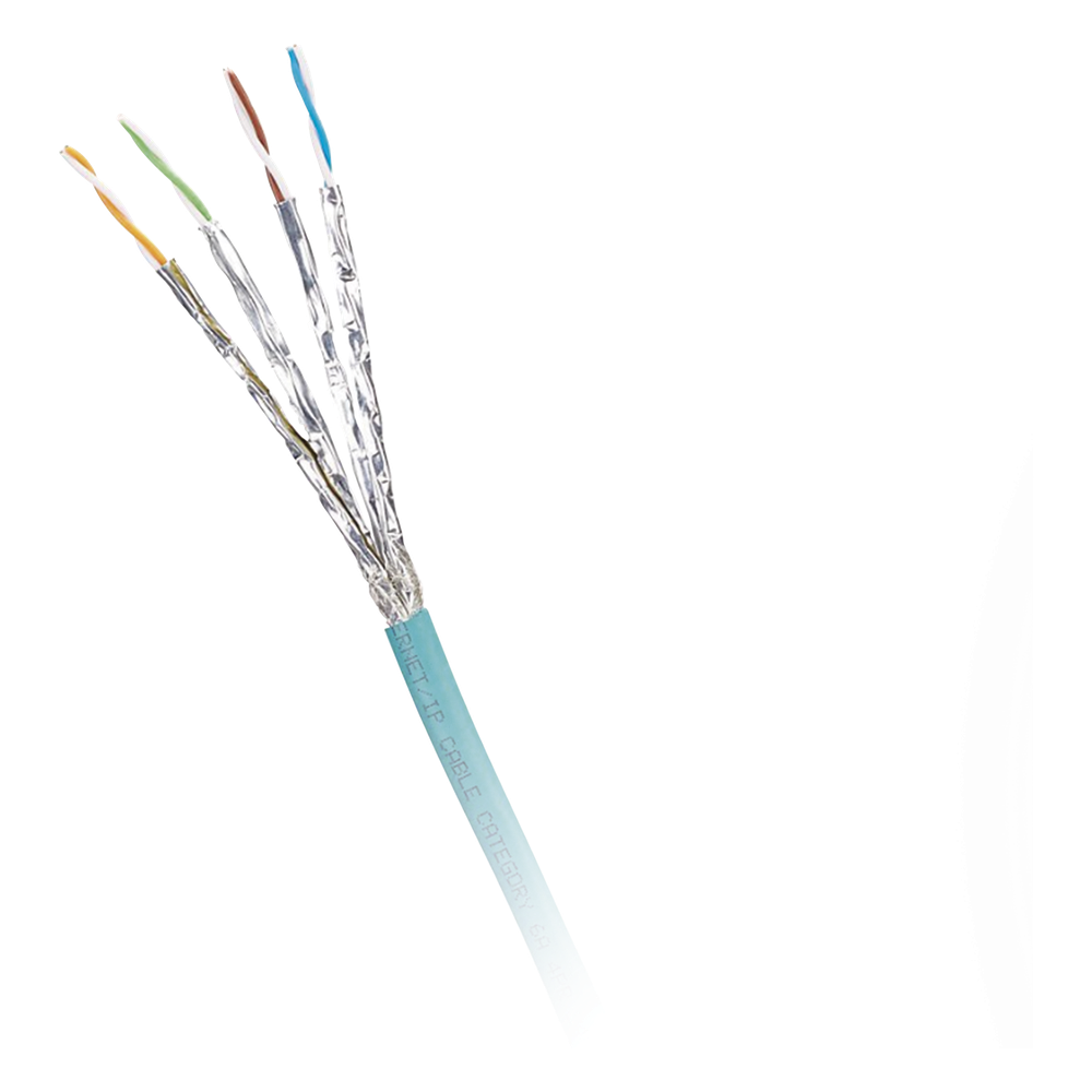 Bobina de Cable Blindado S/FTP Categoría 6A, Uso Industrial con Resistencia al Aceite, Rayos UV y Abrasión, Multifilar (Flexible), Color Azul