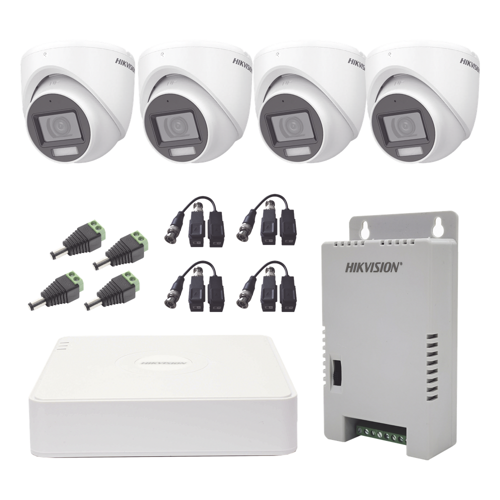 KIT TurboHD 1080p / DVR 4 Canales con audio por coaxitron / 4 Cámaras con Micrófono y 106° Visión/ luz blanca + IR visión nocturna / Transceptores