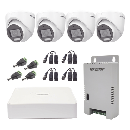 KIT TurboHD 1080p / DVR 4 Canales con audio por coaxitron / 4 Cámaras con Micrófono y 106° Visión/ luz blanca + IR visión nocturna / Transceptores