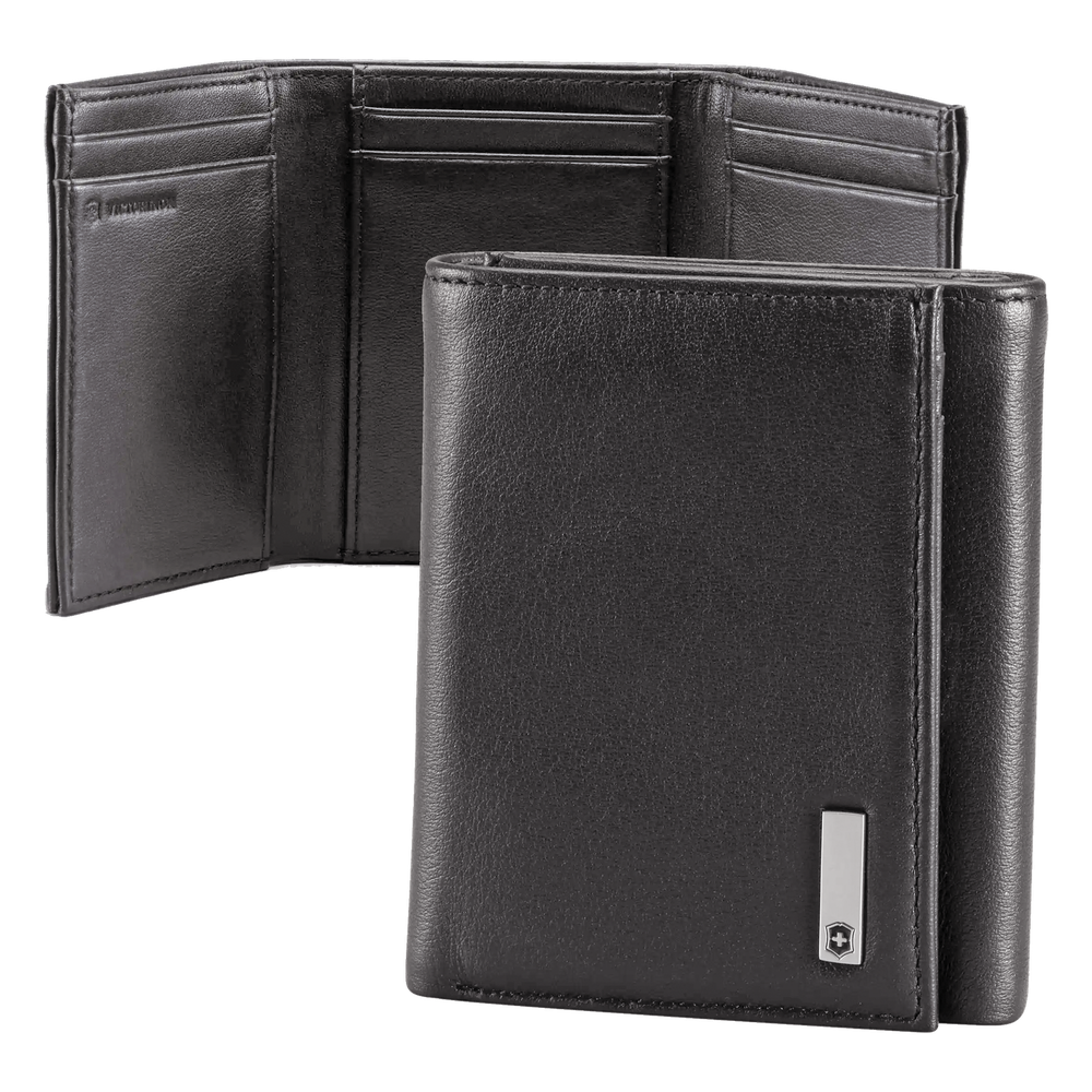 Cartera Athens Negra de Piel con Compartimento de Micromalla para ID. Doblable en 3 Partes con Divisor de Billetes. Pocket Wallet